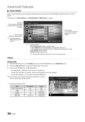 Page 2424English
Advanced Features
Screen Display ¦
Move to the desired file using the up/down/right/left buttons and then press the ENTERE or � (Play) button. The file is played. 
Supports the  ✎Device Mode and Contents Mode in Media Play homepage.
 
Videos
Playing a Video
1. Press the ◄ or ► button to select Videos, then press the ENTERE button in the Media Play menu.
2. Press the ◄/►/▲/▼ button to select the desired video in the file list.
3. Press the ENTERE button or � (Play) button.
The selected file is...