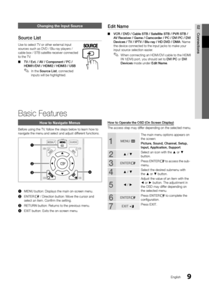 Page 99English
02
Connections
Changing the Input Source
Source List
Use to select TV or other external input sources such as DVD / Blu-ray players / cable box / STB satellite receiver connected to the TV. 
TV / Ext. / AV / Component / PC /  ■HDMI1/DVI / HDMI2 / HDMI3 / USB
In the  ✎Source List, connected inputs will be highlighted. 
Edit Name
VCR / DVD / Cable STB / Satellite STB / PVR STB /  ■AV Receiver / Game / Camcorder / PC / DVI PC / DVI Devices / TV / IPTV / Blu-ray / HD DVD / DMA: Name the device...