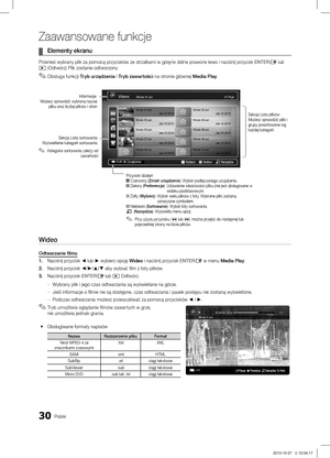 Page 12830Polski
Zaawansowane funkcje
Elementy ekranu ¦
Przenieś wybrany plik za pomocą przycisków ze strzałkami w g\
órę/w dół/w prawo/w lewo i naciśnij przycisk ENTERE lub � (Odtwórz) Plik zostanie odtworzony. 
Obsługa funkcji 
 ✎Tr yb urządzenia  i Tr yb zawartości  na stronie głównej Media Play .
 
Wideo
Odtwarzanie filmu
1. Naciśnij przycisk ◄ lub ► wybierz opcję Wideo i naciśnij przycisk ENTERE w menu Media Play.
2. Naciśnij przycisk ◄/►/▲/▼  aby wybrać film z listy plików.
3. Naciśnij przycisk ENTERE lub...