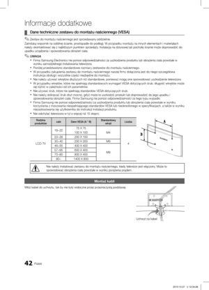 Page 14042Polski
Informacje dodatkowe
Dane techniczne zestawu do montażu naściennego (VESA)  ¦
Zestaw do montażu naściennego jest sprzedawany oddzielnie. ✎
Zainstaluj wspornik na solidnej ścianie, prostopadle do podłogi. W przypadku montażu na innych elementach i m\
ateriałach 
należy skontaktować się z najbliższym punktem sprzedaży. Instalacja na dziurawej lub pochyłej ścianie może doprowadzić do 
upadku urządzenia i spowodowania obrażeń ciała.UWAGA
 ✎
Firma Samsung Electronics nie ponosi odpowiedzialności za...