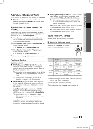 Page 1717English
03
Basic FeaturesAuto Volume (Off / Normal / Night)
To equalize the volume level on each channel, set to Normal.Night
 ■ : This mode provides an improved sound 
experience compared to Normal mode, making almost 
no noise. It is useful at night.
Speaker Select (External speaker / TV 
speaker)
A sound echo may occur due to a difference in decoding 
speed between the main speaker and the audio receiver. In 
this case, set the TV to External Speaker.
When 
 ✎Speaker Select is set to External...