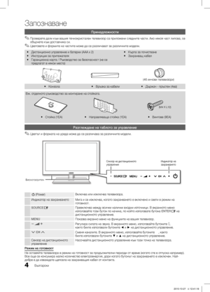 Page 2004
Запознаване
Български
Принадлежности
Проверете дали към вашия течнокристален телевизор са приложени следните части. Ако някоя част липсва, се  ✎обърнете към доставчика си.
Цветовете и формите на частите може да се различават за различните модели.
 ✎
Дистанционно управление и батерии (AAA x 2) yИнструкции за притежателя yГаранционна карта / Ръководство за безопасност (не се  yпредлагат в някои места) Кърпа за почистване
 y
Захранващ кабел y
(46 инчови телевизори)
Конзола y Връзка за кабели y Държач -...