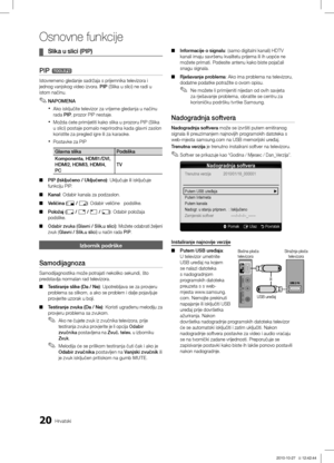 Page 26520Hrvatski
Osnovne funkcije
Slika u slici (PIP) ¦
PIP t
Istovremeno gledanje sadržaja s prijemnika televizora i 
jednog vanjskog video izvora. PIP (Slika u slici) ne radi u 
istom načinu. NAPOMENA
 ✎
Ako isključite televizor za vrijeme gledanja u načinu  xrada  PIP, prozor PIP nestaje.
Možda ćete primijetiti kako slika u prozoru PIP (Slika 
 xu slici) postaje pomalo neprirodna kada glavni zaslon 
koristite za pregled igre ili za karaoke.
Postavke za PIP
 x
Glavna slikaPodslika
Komponenta, HDMI1/DVI,...