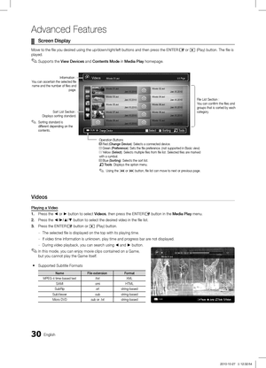 Page 3030English
Advanced Features
Screen Display ¦
Move to the file you desired using the up/down/right/left buttons and then press the ENTERE or � (Play) button. The file is 
played.
Supports the 
 ✎View Devices and Contents Mode  in Media Play homepage.
 
Videos
Playing a Video
1. Press the ◄ or ► button to select Videos, then press the ENTERE button in the Media Play menu.
2. Press the ◄/►/▲/▼  button to select the desired video in the file list.
3. Press the ENTERE button or � (Play) button.
The selected...