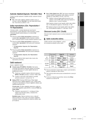 Page 31117Čeština
03
Základní funkceAutomat. hlasitost (Vypnuto / Normální / Noc)
Chcete-li provést nastavení u každého kanálů, nastavte možnost \ĺ
Normální.Noc
 ■ : Tento režim zajišťuje vylepšený poslech zvuku ve srovnání s režimem Normální, kdy není slyšet téměř žádný hluk. Tato funkce je užitečná v noci.
Volba reproduktoru (Ext. Reproduktor / 
TV Reproduktor)
Z důvodu rozdílu v rychlosti dekódování mezi hlavním reproduktorem a audio přijímačem může docházet k ozvěně. V takovém případě nastavte televizor na...