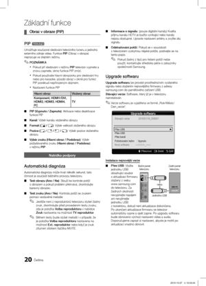 Page 31420Čeština
Základní funkce
Obraz v obraze (PIP) ¦
PIP t
Umožňuje současné sledování televizního tuneru a je\ĺdnoho 
externího zdroje videa. Funkce PIP (Obraz v obraze) 
nepracuje ve stejném režimu.
POZNÁMK A
 ✎
Pokud při sledování v  xrežimu  PIP televizor vypnete a 
znovu zapnete, okno funkce PIP zmizí.
Pokud používáte hlavní obrazovku pro sledování hry 
 xnebo pro karaoke, působí obraz v okně pro funkci PIP poněkud nepřirozeným dojmem.
Nastavení funkce PIP
 x
Hlavní obrazVložený obraz
Komponent,...