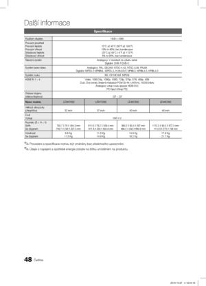 Page 34248Čeština
Další informace
Specifikace
Rozlišení displeje1920 x 1080 
Provozní prostředí
Provozní teplota
Provozní vlhkost
Skladovací teplota
Skladovací vlhkost 10°C až 40°C (50°F až 104°F)
10% to 80%, bez kondenzace
-20°C až 45°C (-4°F až 113°F) 5% to 95%, bez kondenzace
Televizní systém 
Analogový: V závislosti na výběru zeměDigitální: DVB-T/DVB-C
Systém barev/video Analogový: PAL, SECAM, NTSC-4.43, NTSC-3.58, PAL60
Digitální: MPEG-2 MP@ML, MPEG-4, H.264/AVC MP@L3, MP@L4.0, HP@L4.0
Systém zvuku BG. OK...