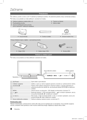 Page 3474Slovensky
Začíname
Príslušenstvo
Uistite sa, prosím, že ste s LCD T V obdržali aj nasledujúce položky. Ak akákoľvek položka chýba, kontaktujte predajcu. ✎
Farba a tvar položiek sa môže odlišovať v závislosti od modelu. ✎
Diaľkové ovládanie a batérie (AAA x 2) yPoužívateľská príručka
 yZáručný list/Bezpečnostná príručka  
 y(nie sú dostupné v niektorých lokalitách) Tkanina na čistenie
 y
Sieťový kábel
 y
Krycia konzola y Svorka na káble yÚchytný krúžok (4 ks) y
Postup inštalácie stojanu nájdete  v...