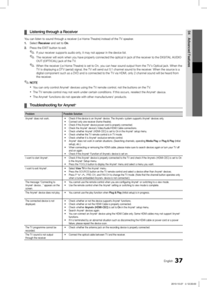 Page 3737English
04
Advanced Features
Listening through a Receiver  ¦
You can listen to sound through a receiver (i.e Home Theatre) instead of the TV speaker.
1. Select Receiver and set to On.
2. Press the EXIT button to exit.If your receiver supports audio only, it may not appear in the device list.
 ✎
The receiver will work when you have properly connected the optical in jack of the receiver to the  ✎DIGITAL AUDIO 
OUT (OPTICAL)  jack of the T V.
When the receiver (i.e Home Theatre) is set to On, you can hear...