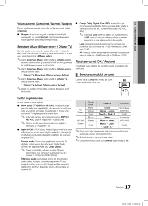 Page 40917Română
03
Caracteristici de bazăVolum automat (Dezactivat / Normal / Noapte)
Pentru egalizarea nivelului volumului pe fiecare canal, setaţi 
la Normal.Noapte
 ■ : Acest mod asigură o audiţie îmbunătăţită 
comparativ cu modul Normal, neproducând aproape 
niciun zgomot. Este utilă pe timpul nopţii.
Selectare difuzor (Difuzor extern / Difuzor TV) 
Sunetul poate avea ecou, din cauza diferenţei în viteza de 
decodare între difuzorul principal \bi receptorul audio. În acest 
caz, setaţi televizorul la...