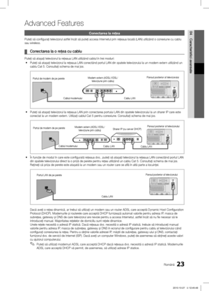 Page 41523Română
04
Caracteristici avansate
Advanced Features
Conectarea la reţea
Puteţi să configuraţi televizorul astfel încât să puteţ\ĺi accesa Internetul prin reţeaua locală (LAN) utilizând o conexiune cu cablu 
sau wireless.
Conectarea la o re\fea cu cablu ¦
Puteţi să ata\baţi televizorul la reţeaua LAN utilizând cablul în trei moduri:Puteţi să ata\baţi televizorul la reţeaua LAN conectând portul LAN din spatele televizorului la un mo\ĺdem extern utilizând un 
 ycablu Cat 5. Consultaţi schema de mai jos....