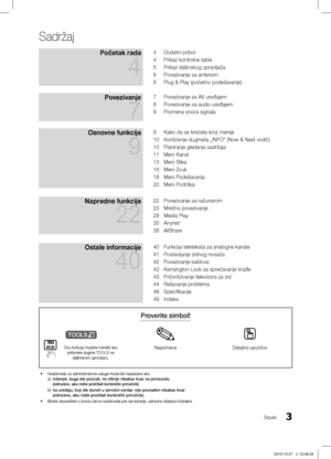 Page 4443Srpski
Sadržaj
Početak rada 
4
4 Dodatni pribor
4
 Prikaz kontrolne table
5
 Prikaz daljinskog upravljača
6
 Povezivanje sa antenom
6
 Plug & Play (početno podešavanje)
Povezivanje  
7
7 Povezivanje sa AV uređajem
8
 Povezivanje sa audio uređajem
9
 Promena izvora signala
Osnovne funkcije  
9
9 Kako da se krećete kroz menije
10 Korišćenje dugmeta „INFO“ (Now & Next vodič)
10
 Planiranje gledanja sadržaja
11
 Meni Kanal
13
 Meni Slika
16
 Meni Zvuk
18
 Meni Podešavanja
20
 Meni Podrška
Napredne funkcije...