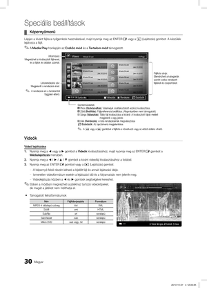 Page 7930Magyar
Speciális beállítások
Képernyőmenü ¦
Lépjen a kívánt fájlra a nyílgombok használatával, \
majd nyomja meg az ENTERE vagy a � (Lejátszás) gombot. A készülék 
lejátssza a fájlt. 
A 
 ✎Media Play honlapján az  Eszköz mód és a Tartalom mód  támogatott.
 
Videók
Videó lejátszása
1. Nyomja meg a ◄ vagy a ► gombot a Videók kiválasztásához, majd nyomja meg az ENTERE gombot a 
Médialejátszás menüben.
2. Nyomja meg a ◄ / ► / ▲ / ▼  gombot a kívánt videofájl kiválasztásához a listáb\
ól.
3. Nyomja meg az...