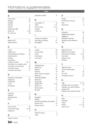 Page 10854Français
Informations supplémentaires
Index
A
Aff. de base 35
AllShare+  45
Amplifier  17
Antenne   13
Anynet+  37
Attache de câble  49
Audio Out  8, 36
Arr.-plan Acc.  36
B
Balance G/D 17
Balance blancs  15
C
Cache   48
Capteur Eco  15
Caractéristiques techniques  54
Chaîne favorite  11
Chaude  16
Composant  7
Config. du réseau  25, 27
Connexion à un système audio  8
Connexion à un ordinateur  23
Connexion réseau  24
Contraste Dynamique  15
D
Diagnostic automatique 21
Diaporama  35
DivX® VOD  36
D-sub...