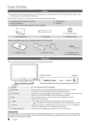 Page 1124Deutsch
Erste Schritte
Zubehör
Überprüfen Sie die Verpackung Ihres LCD-Fernsehgeräts auf Vollständigkeit. Falls Komponenten fehlen sollten, setzen  
✎Sie sich bitte mit Ihrem Händler in Verbindung.
Die Farbe und die Form der Teile können sich je nach Modell unterscheiden.
 
✎
Fernbedienung und 2 Batterien (Typ AAA)
 
y
Bedienungsanleitung
 
y
Garantiekarte / Sicherheitshinweise (nicht überall verfügbar)
 
y Reinigungstuch
 
y
Netzkabel
 
y
(46~55-Zoll-Fernseher)
Montagehalterung
 
y Kabelbinder
 
y...