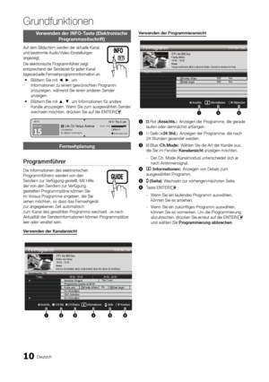 Page 11810Deutsch
Grundfunktionen
Verwenden der INFO-Taste (Elektronische Programmzeitschrift)
Auf dem Bildschirm werden der aktuelle Kanal 
und bestimmte Audio/Video-Einstellungen 
angezeigt.
Die elektronische Programmführer zeigt 
entsprechend der Sendezeit für jeden Kanal 
tagesaktuelle Fernsehprogramminformation an.
 
Blättern Sie mit 
 
y ◄, ►, um 
Informationen zu einem gewünschten Programm 
anzuzeigen, während Sie einen anderen Sender 
anzeigen. 
Blättern Sie mit 
 
y ▲, ▼, um Informationen für andere...