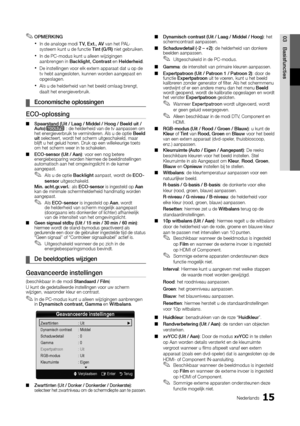 Page 17715Nederlands
03BasisfunctiesOPMERKING 
✎
In de analoge modi  
xT V, Ext., AV van het PAL-
systeem kunt u de functie Tint (G/R) niet gebruiken.
In de PC-modus kunt u alleen wijzigingen 
 
xaanbrengen in Backlight, Contrast  en Helderheid.
De instellingen voor elk extern apparaat dat u op de 
 
xtv hebt aangesloten, kunnen worden aangepast en 
opgeslagen.
Als u de helderheid van het beeld omlaag brengt, 
 
xdaalt het energieverbruik.
Economische oplossingen
 
¦
ECO-oplossing
Spaarstand (Uit / Laag / Middel...