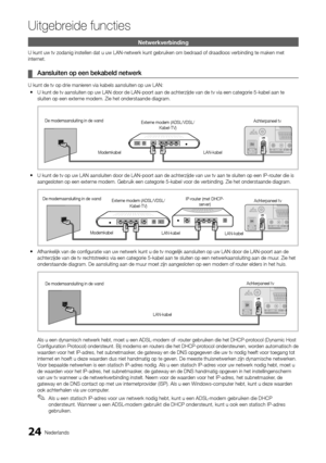 Page 18624Nederlands
Uitgebreide functies
Netwerkverbinding
U kunt uw tv zodanig instellen dat u uw LAN-netwerk kunt gebruiken om be\
draad of draadloos verbinding te maken met 
internet.
Aansluiten op een bekabeld netwerk
 
¦
U kunt de tv op drie manieren via kabels aansluiten op uw LAN:
U kunt de tv aansluiten op uw LAN door de LAN-poort aan de achterzijde v\
an de tv via een categorie 5-kabel aan te 
 
y
sluiten op een externe modem. Zie het onderstaande diagram.
U kunt de tv op uw LAN aansluiten door de...