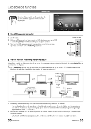 Page 1923030Nederlands
Uitgebreide functies
Nederlands
Media Play
Een USB-apparaat aansluiten
 
¦
1.  Zet de tv aan.
2.  Sluit een USB-apparaat met foto-, muziek en/of fi lmbestanden aan op de USB 
1-aansluiting (HDD) of USB 2-aansluiting aan de zijkant van de tv.
3.  Wanneer het USB-apparaat op de tv is aangesloten, verschijnt er een pop-
upvenster. Vervolgens kunt u Media Play selecteren.
Via een netwerk verbinding maken met de pc
 
¦
U kunt foto-, muziek- en videobestanden die op uw pc zijn opgeslagen via\...