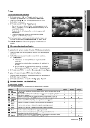 Page 19735Nederlands
04Uitgebreide functiesFoto’s
Een foto (of presentatie) weergeven
1. Druk op de toets ◄ of ► om Foto's te selecteren en druk 
vervolgens op de toets ENTERE in het menu Media Play.
2.   Druk op de toets ◄/►/▲/▼ om het gewenste bestand in de 
bestandslijst te selecteren.
3.  Druk op de toets ENTERE of � (Afspelen).
Druk op het moment dat een fotolijst wordt weergegeven op de 
 
–
toets � (Afspelen) / ENTERE op de afstandsbediening om de 
presentatie te starten.
Alle bestanden in de...