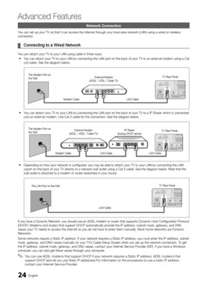 Page 2424English
Advanced Features
Network Connection
You can set up your TV so that it can access the Internet through your local area network (LAN) using a wired or wireless connection.
Connecting to a Wired Network ¦
You can attach your TV to your LAN using cable in three ways:
You can attach your TV to your LAN by connecting the LAN port on the back\
 of your TV to an external modem using a Cat  yyy5 cable. See the diagram below.
You can attach your TV to your LAN by connecting the LAN port on the back\
 of...