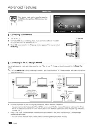 Page 3030English
Advanced Features
Media Play
Connecting a  ¦USB Device
1. Turn on your TV.
2. Connect a USB device containing photo, music and/or movie files to the\
 USB 1 (HDD) or USB 2 jack on the side of the TV.
3. When USB is connected to the TV, popup window appears. Then you can select Media Play.
 ¦Connecting to the PC through network
You can play pictures, music and videos saved on your PC or on your TV through a network connection in the Media Play mode.
 
If you use  ✎Media Play through saved file...