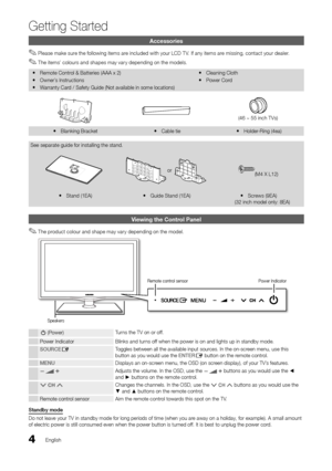 Page 44English
Getting Started
Accessories
Please make sure the following items are included with your LCD T V. If any items are missing, contact your dealer. ✎
The items’ colours and shapes may vary depending on the models. ✎
Remote Control & Batteries (AAA x 2) y
Owner’s Instructions y
Warranty Card / Safety Guide (Not available in some locations) y
Cleaning Cloth y
Power Cord y
(46 ~ 55 inch TVs)
Blanking Bracket yCable tie yHolder-Ring (4ea) y
See separate guide for installing the stand.
or(M4 X L12)
Stand...