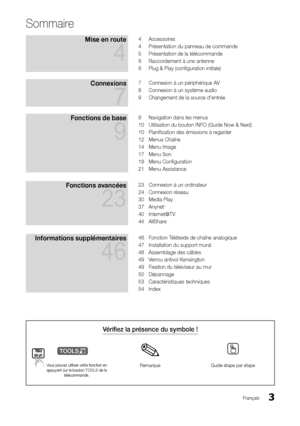 Page 573Français
Sommaire
Mise en route 
4
4 Accessoires
4  Présentation du panneau de commande
5  Présentation de la télécommande
6  Raccordement à une antenne
6  Plug & Play (configuration initiale)
Connexions  
7
7 Connexion à un périphérique AV
8  Connexion à un système audio
9  Changement de la source d’entrée
Fonctions de base  
9
9 Navigation dans les menus
10  Utilisation du bouton INFO (Guide Now & Next)
10  Planification des émissions à regarder
12  Menus Chaîne
14  Menu Image
17  Menu Son
19  Menu...