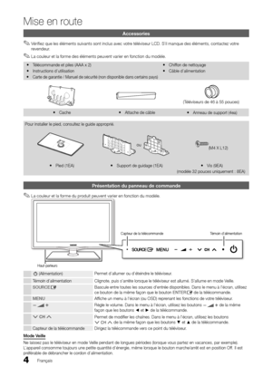 Page 584Français
Mise en route
Accessories
Vérifiez que les éléments suivants sont inclus avec votre téléviseur LCD. S’il manque des éléments, contactez votre  
✎r e v e n d e u r.
La couleur et la forme des éléments peuvent varier en fonction du modèle.
 
✎
Télécommande et piles (AAA x 2)
 
y
Instructions d’utilisation
 
y
Carte de garantie / Manuel de sécurité (non disponible dans certa\
ins pays)
 
y
Chiffon de nettoyage
 
y
Câble d’alimentation
 
y
(Téléviseurs de 46 à 55 pouces)
Cache
 
y Attache de câble...