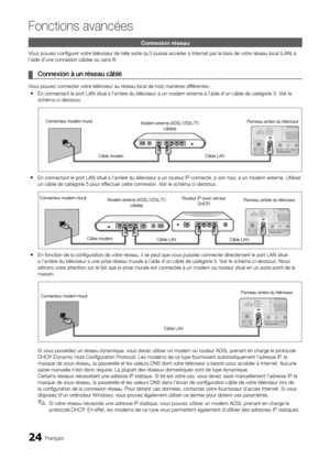 Page 7824Français
Fonctions avancées
Connexion réseau
Vous pouvez configurer votre téléviseur de telle sorte qu'il puisse accéder à Internet par le biais de votre réseau local (LAN) à 
l'aide d'une connexion câblée ou sans fil.
Connexion à un réseau câblé
 
¦
Vous pouvez connecter votre téléviseur au réseau local de trois manières différentes :
En connectant le port LAN situé à l'arrière du téléviseur à un modem externe à l'aide d'un câble de catégorie 5. Voir le 
 
y
schéma ci-dessous....