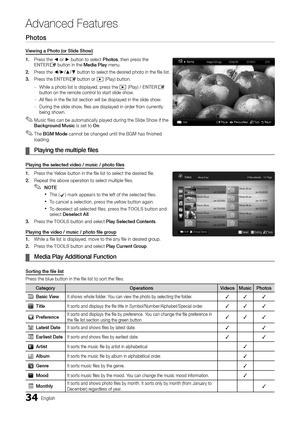 Page 3434English
Advanced Features
Photos
Viewing a Photo (or Slide Show)
1. Press the ◄ or ► button to select Photos, then press the ENTERE button in the Media Play menu.
2.  Press the ◄/►/▲/▼ button to select the desired photo in the file list.
3. Press the ENTERE button or � (Play) button.
While a photo list is displayed, press the  –� (Play) / ENTERE button on the remote control to start slide show.
All files in the file list section will be displayed in the slide sh\
ow. –
During the slide show, files are...