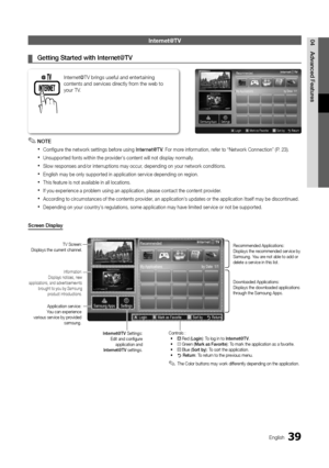 Page 3939English
04
Advanced Features
Internet@TV
Getting Started with Internet@TV ¦
NOTE ✎
Configure the network settings before using  xInternet@TV. For more information, refer to “Network Connection” (P. 23).
Unsupported fonts within the provider’s content will not display normally. x
Slow responses and/or interruptions may occur, depending on your network conditions. x
English may be only supported in application service depending on region. x
This feature is not available in all locations. x
If you...