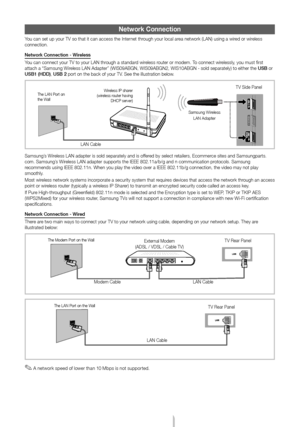 Page 11English - 11
Net\bork Connection
You can set up your \TTV so that it can a\Tccess the Internet through your local area networ\f (LAN) usi\Tng a wired or wireless connection.
Netw\frk C\fnnecti\fn -\a Wireless
You can connect your \TTV to your LAN through a standard wireless router or modem. To connect wirelessly, you must first attach a “\bamsung W\Tireless LAN Adapter” \T(WI\b09ABGN, WI\b09ABG\TN2, WI\b10ABGN - sold\T separately) to ei\Tther the USB or USB1 (HDD), USB 2 port on the bac\f o\Tf your TV....