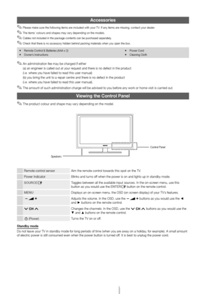 Page 3English - 3
Accessories
 ✎Please ma\fe sure the following items are included with your T V. If any items are missing, contact your dealer.
 ✎The items’ colours and shapes may vary depending on the models.
 ✎Cables not included\T in the pac\fage cont\Tents can be purchased separately.
 ✎Chec\f that there is no accessory h\Tidden behind pac\fin\Tg materials when y\Tou open the box.
 yRemote Control & Batteries (AA\TA x 2) yOwner’s Instructions yPower Cord yCleaning Cloth
 ✎An administration fee may be...