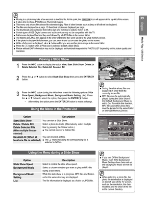 Page 39
English
Media Play - USB Device
Moving to a photo may take a few seconds to load the file. At this point, the  icon will appear at the top left of the screen.It takes time to show JPEG files as Thumbnail images.
This menu only shows files whose file extension is jpg. Files of other formats such as bmp or tiff will not be displayed.
The files are displayed on a page. 15 thumbnail photos are displayed per page.
The thumbnails are numbered from left to right and from top to bottom, from 1 to 15....