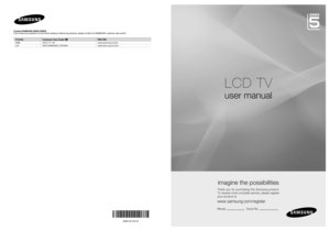 Page 1BN68-02315G-00
Contact SAMSUNG WORLDWIDE
If you have any questions or comments relating to Samsung products, please contact the SAMSUNG customer care centre. 
CountryCustomer Care Centre Web Site
EIRE 0818 717 100 www.samsung.com/ie
U.K 0845 SAMSUNG (7267864) www.samsung.com/uk
LCD TV
user manual
imagine the possibilities
Thank  you  for  purchasing  this  Samsung  product.
To receive more complete service, please register 
your product at
www.samsung.com/register
Model                         Serial No....