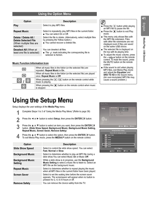 Page 4141
English
Media Play - USB Device
Using the Option Menu
OptionDescription
Play
Select to play MP3 files.
Repeat MusicSelect to repeatedly play MP3 files in the current folder.You can select �n or�ff. select �n or�ff.ct �n or �ff.■
Delete / Delete All / 
Delete Selected File 
(When multiple files are 
selected)Select the file to delete. (Alternatively, select multiple files 
by pressing the Yellow button.)
You cannot recover a deleted file.
■
Deselect All (When at 
least one file is selected)You can...