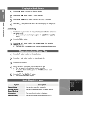 Page 50
0
English
Media Play - USB Device

Playing the Music Group
1 Press the ▲ button to move to the Sort key Section.       
2 Press the ◄ or ► button to select a sorting standard.       
3 Press the ▼ or ENTERE button to move to the Group List Section.   
4 Press the ∂ (Play) button. The files of the selected group will start playing.
Alternatively 
1 Select a sort key and then in the File List Section, select the files co\
ntained in the desired group.To move to the previous/next group, press the π...