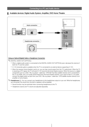 Page 9Engl\fsh - 9
Connect\fng to a PC a\ond Aud\fo dev\fce
 ¦Ava\flable dev\fces: D\o\fg\ftal Aud\fo System, \oAmpl\ffier, DVD Home Theatre
OPTICAL
Aud\fo connect\fon
Headphones connect\fo\on
Us\fng an Opt\fcal (D\o\fg\ftal) Cable or Hea\odphone Connect\fon
 ✎DIGITA\b AUDIO OUT (OPTICA\b)
 xWhen a digital audio system is connected to the DIGITA\b AUDIO OUT (OPTICA\b) jac\f, decrease the volume of both the T V and the system. 
 x5.1 CH (channel) audio is available when the T V is connected to an external...