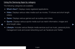 Page 188◀▶
English
Using the Samsung Apps by category
The following categories are available:
 
●What’s New?: Displays newly registered applications.
 
●Video: Displays various video media such as movies, TV shows and short length\
 
videos.
 
●Game: Displays various games such as sudoku and chess.
 
●Sports: Displays various sports media such as match information, images and 
short length video.
 
●Lifestyle: Includes various lifestyle media services such as music, personal phot\
o 
management tools and social...