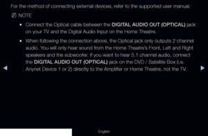 Page 213◀▶
English
For the method of connecting external devices, refer to the supported user manual.
 
NNOTE
 
●Connect the Optical cable between the DIGITAL AUDIO OUT (OPTICAL) jack 
on your TV and the Digital Audio Input on the Home Theatre.
 
●When following the connection above, the Optical jack only outputs 2 cha\
nnel 
audio. You will only hear sound from the Home Theatre’s Front, Left and Right 
speakers and the subwoofer. If you want to hear 5.1 channel audio, connect 
the DIGITAL AUDIO OUT (OPTICAL)...