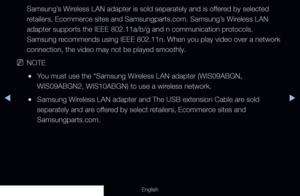 Page 99◀▶
English
Samsung’s Wireless LAN adapter is sold separately and is offered by selected 
retailers, Ecommerce sites and Samsungparts.com. Samsung’s Wireless LAN 
adapter supports the IEEE 802.11a/b/g and n communication protocols. 
Samsung recommends using IEEE 802.11n. When you play video over a network 
connection, the video may not be played smoothly.
 
NNOTE
 
●You must use the “Samsung Wireless LAN adapter (WIS09ABGN, 
WIS09ABGN2, WIS10ABGN) to use a wireless network.
 
●Samsung Wireless LAN adapter...