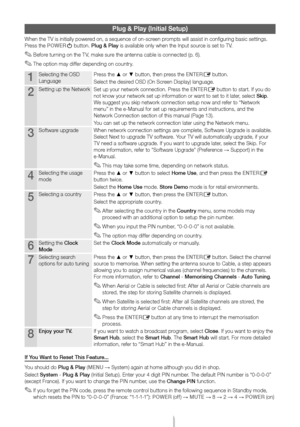 Page 7English - 7
Plug & Play (Initial Setup)
When the TV is initially powered on, a sequence of on-screen prompts will assist in configuring basic settings. 
Press the POWER
P button. Plug & Play is available only when the Input source is set to TV.
 ✎Before turning on the TV, make sure the antenna cable is connected (p. 6).
 ✎The option may differ depending on country.
1Selecting the OSD 
LanguagePress the ▲ or ▼ button, then press the ENTERE button.
Select the desired OSD (On Screen Display) language....