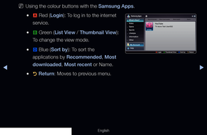 Page 187◀▶
English
 
NUsing the colour buttons with the Samsung Apps.
 
●a  Red (Login): To log in to the internet 
service.
 
●b  Green (List View / Thumbnail View): 
To change the view mode.
 
●}  Blue (Sort by): To sort the 
applications by Recommended, Most 
downloaded, Most recent or Name.
 
●R  Return: Moves to previous menu.
Yo
u T ube
Recommended Most downloaded Most recent Name
Free
What’s New?
Video
Game
Sports
Lifestyle
Information
Other
YouTube
TV store Test User002
My Account
Help
a  Login     
b...
