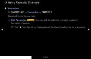 Page 22◀◀▶
English
 
❑
Using Favourite Channels
 
■
Favourites
 
OSMART HUB  → Favourites 
→ ENTER
E
Shows all favourite channels.
 
●Edit Favourites 
t: You can set the selected channels to desired 
favourites channels.
 
NThe “
F” symbol wil be displayed and the channel will be set as a favourite.\
  