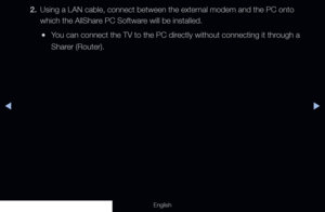 Page 226◀▶
English
2. Using a LAN cable, connect between the external modem and the PC onto 
which the AllShare PC Software will be installed.
 
●You can connect the TV to the PC directly without connecting it through a 
Sharer (Router).
  