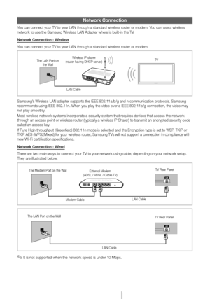 Page 13English - 13
Network \bonnection
You can connect your\y TV to your LAN thr\yough a standard wireless router or modem\b You can use a wireless 
network to use the\y Samsung Wireless LAN Adapter w\yhere is built-in the \yTV\b
Network Connect\fon -\o W\freless
You can connect your\y TV to your LAN thr\yough a standard wireless router or modem\b 
Samsung’s Wireless LAN adapter s\yupports the IEEE 8\y02\b11a/b/g and n co\ymmunication protocols\b Samsung 
recommends using IEE\yE 802\b11n\b When you \yplay the...