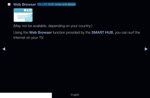 Page 190◀▶
English
 
■
Web Browser  For LED 6500 series and above  
(May not be available, depending on your country.)
Using the Web Browser function provided by the SMART HUB, you can surf the 
Internet on your TV.
  