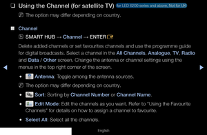 Page 33◀▶
English
 
❑
Using the Channel (for satellite TV)  for LED 6200 series and above, Not for UK 
 
NThe option may differ depending on country.
 
■
Channel
 
OSMART HUB  → Channel 
→ ENTER
E
Delete added channels or set favourites channels and use the programme guide 
for digital broadcasts. Select a channel in the All Channels, Analogue, TV, Radio 
and Data / Other screen. Change the antenna or channel settings using the 
menus in the top right corner of the screen.
 
● Antenna: Toggle among the antenna...