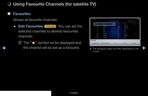 Page 38◀◀▶
English
 
❑
Using Favourite Channels (for satellite TV)
 
■
Favourites
Shows all favourite channels.
 
●Edit Favourites 
t: You can set the 
selected channels to desired favourites 
channels.
 
NThe “
F” symbol wil be displayed and 
the channel will be set as a favourite.
 
● The displayed image may differ depending on the 
model.
Edit Mode
Edit Favourites Edit Channel Number LockUnlock Delete
Channel
Select AllSelected Item(s) : 1All Channels
  